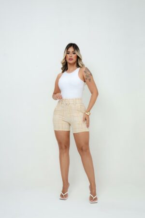 Short Feminino jackar linho Caramelo Mescla com cinto fixo com elastano