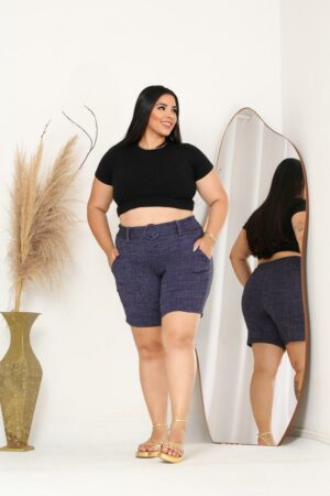 Shorts feminina plus Size jackar linho Azul mesclado com cinto fixo