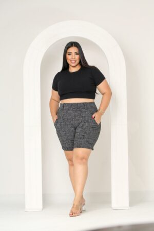 Shorts feminino Plus Size jackar linho Cinza Grafite mesclado com cinto fixo