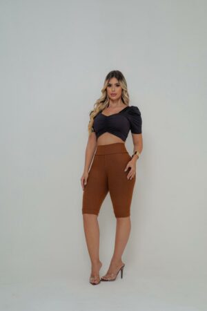 Bermuda Jeans Cotton Malha PA Cor Caramelo Cintura Alta