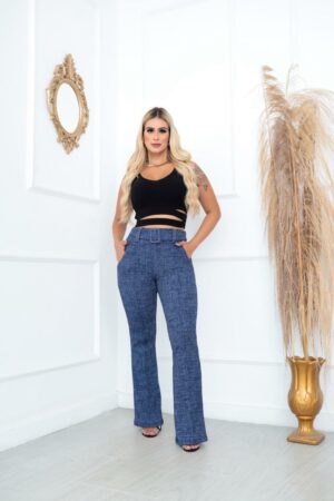 Calça flare Cor Azul Mesclada Social Bailarina Jacquard linho com cinto fixo com bastante elastano e cintura alta