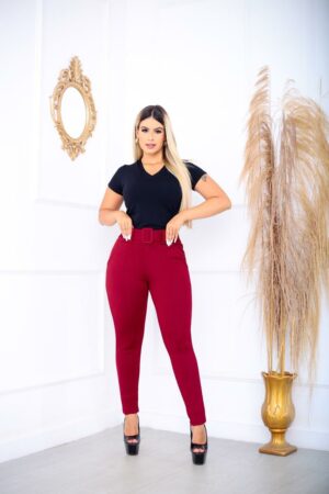 Calça leggings feminino skinny jackar mesclas Vermelha tecido linho com cinto fixo com muito elastano