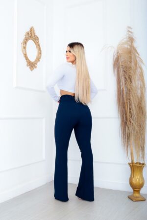 Calça Flare social bailarina Cor Azul marinho tecido pop com cinto fixo cintura alta com elastano