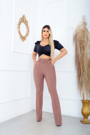Calça Flare social bailarina Cor Kaki tecido pop com cinto fixo cintura alta com elastano