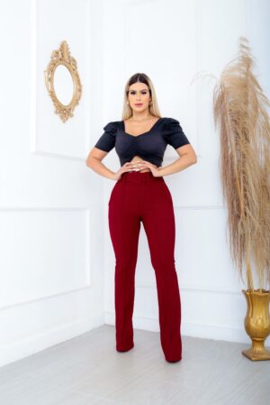 Calça Flare social bailarina Cor Vermelha tecido pop com cinto fixo cintura alta com elastano