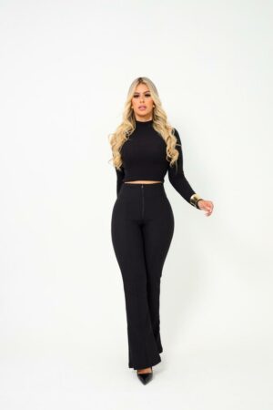 Calça feminina Flare Preta Malha pop com zíper forrado