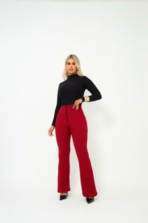 Calça feminina Flare Cor Vermelha Malha pop com zíper forrado