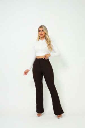 Calça feminina Flare Cor Marrom Malha pop com zíper forrado