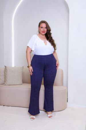 Calça Flare jackar linho no Plus Size com bolso atrás - Azul mescla